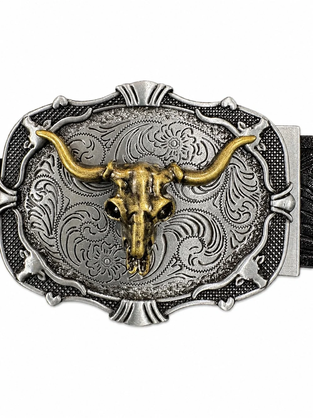 Western Bull Skull Belt Buckle - Silver & Gold Unisex Biker Cowboy Cowgirl Rodeo